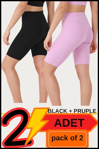Kadın Yüksek Bel Toparlayıcı Kısa Siyah & Lila Şort Tayt 2'li Paket Lycralı Biker Shorts 21070 Siyah - Lila