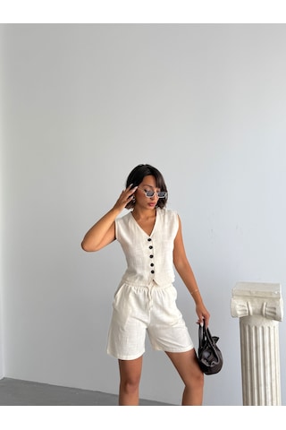Kadın Keten Yelek Şort Alt Üst Takım Krem