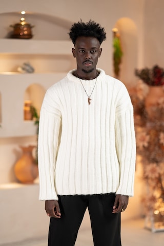 Oversize Kendinden Çizgili Pamuklu Kalın Triko Spor Kazak Beyaz