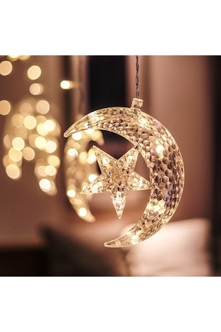 Fastbuy Ramazan Dekorasyonu Led Ay Yıldız Salkımlı Perde, Güneş Işığı Işıltısı Gün Işığı