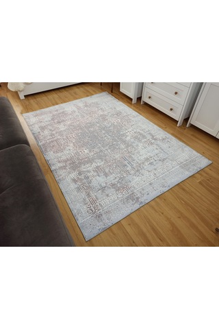 Eskitme Dokulu Gri Ve Pudra Soyut Modern Halı - 12633ou Gri - Pudra