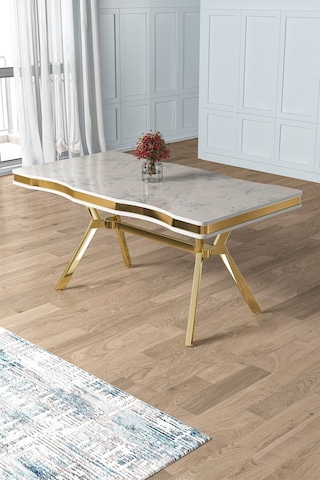 Canisa Concept Prah Serisi 90x160 Lak Panel Beyaz Mermer Desen Gold Ayak Masa Takımı 6 Krem Sandalye Beyaz Mermer Desen Masa Sandalyeler Krem
