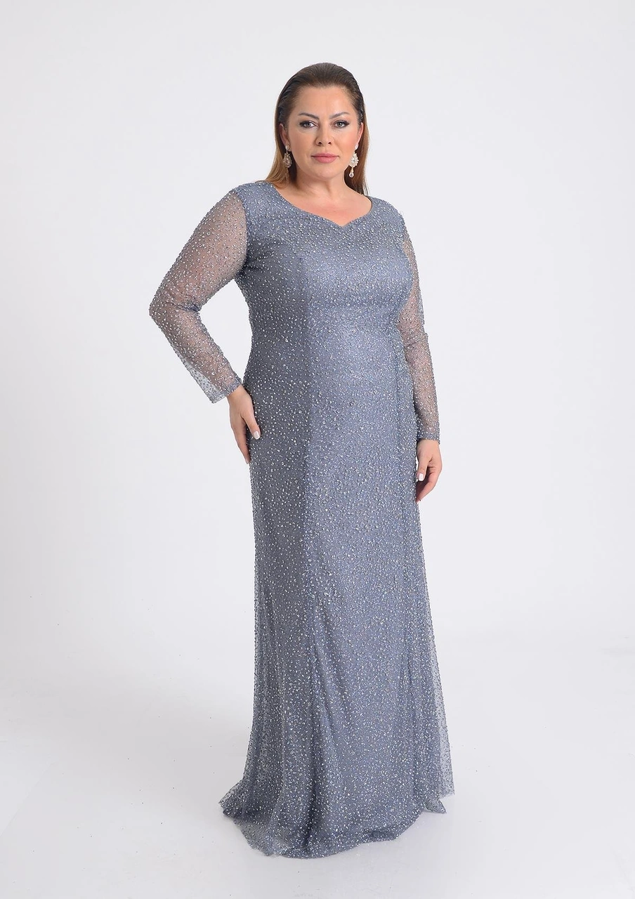 Lilas Xxl Büyük Beden Glitter Baskı Gri Renkli Uzun Kollu Uzun Abiye Elbise Gri