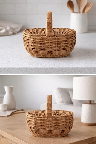 Oval Hasır Rattan Mini Kulplu Organizer Sepet,masaüstü Ekmeklik,banyo Düzenleyici Kahverengi
