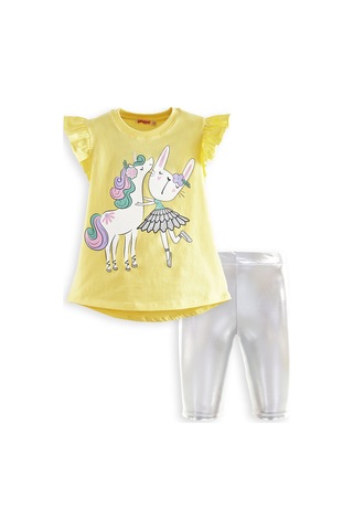 Denokids Unicorn Kız Çocuk T-shirt Metalik Tayt Takım Renkli Çok Renkli