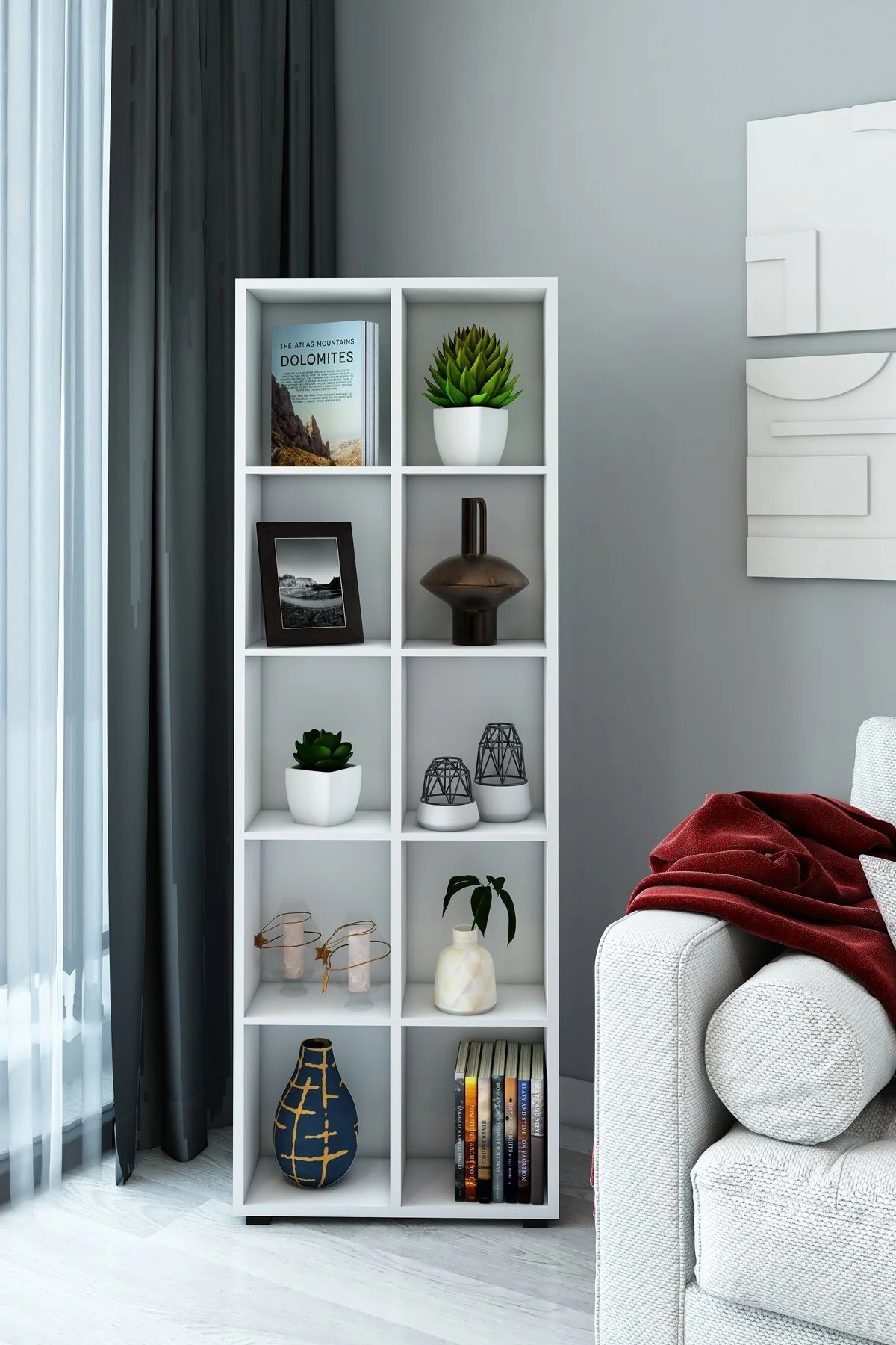 Petek 10 Bölmeli Beyaz Çok Amaçlı Ahşap Dekoratif Raf / Kitaplık & Düzenleyici & Saksı Standı Beyaz