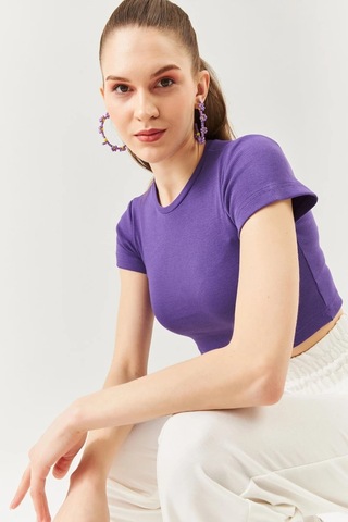 Kadın Kısa Kol Bisiklet Yaka Vücuda Oturan %100 Pamuklu Kaşkorse Esnek Crop Bluz Mor