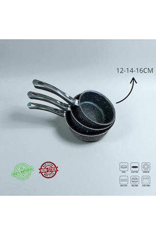Enashop 3'lü Granit Sosluk Ve Sütlük Seti 12-14-16 Cm Yanmaz Yapışmaz Çeyizlik - İndüksiyon Uyumlu Metalik