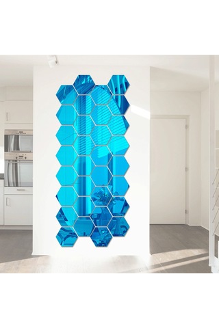 Skycity Mavi Akrilik Yansıtıcı Duvar Stickerı - Altıgen Desen, 20x17 Cm, 1 Mm Kalınlık, 12 Adet, Otomatik Yapışkan Mavi
