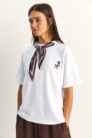 Shade Kadın Ceylan Nakışlı Fularlı Basic Salaş T-shirt 7517 60283977 - Beyaz