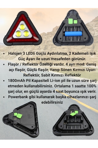 Üçgen Led Reflektör, 1800mah Şarj Edilebilir Pil, Güçlü