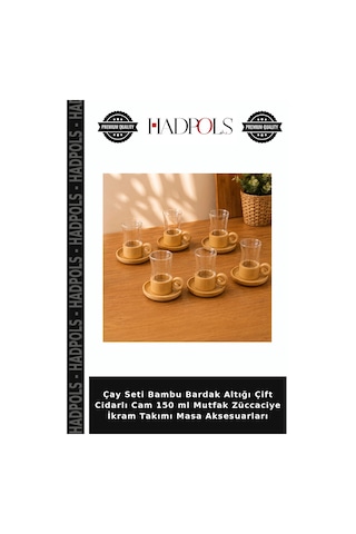 Çay Seti Bambu Bardak Altığı Çift Cidarlı Cam 150 Ml Mutfak Züccaciye İkram Takımı Masa Aksesuarları Şeffaf