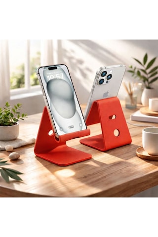 Basartstudio Geometrik Telefon Standı - 3d Tasarım Masaüstü Telefon Tutucu Kırmızı Kırmızı