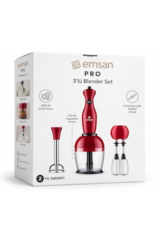 Emsan Pro 3'lü Blender Seti Kırmızı - 1000 W Güçlü Motor & 700 Ml Hazne