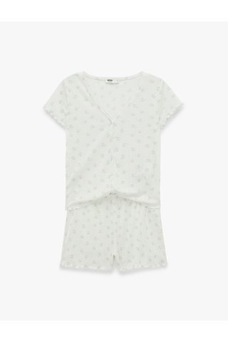 Koton Düğmeli V Yaka Kısa Kollu Desenli Şortlu Pijama Takımı Beyaz Beyaz 6slk40141mk
