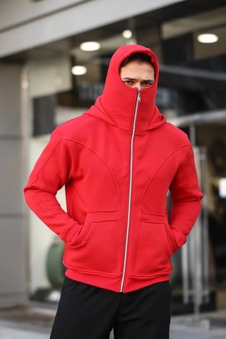 Tarzyeri Erkek 3 İplik Şardonlu Maskeli Ninja Model Çift Kapüşonlu Fermuarlı 4 Cepli Sweatshirt - Kırmızı