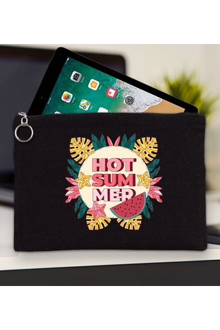 Bk Gift Yaz Temalı-8 Siyah Tablet Çantası 30x21cm, Apple iPad Uyumlu Çantası, Baskılı Tablet Kılıfı Kılıf