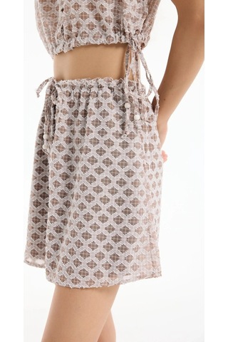 Modern Etnik Desenli Yüksek Bel Mini Etek Ve Bağlamalı Bluz Yazlık İkili Takım Kahve