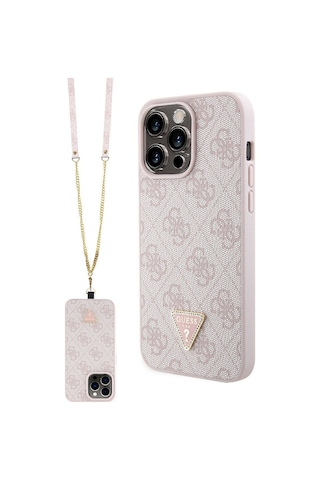 Apple Uyumlu iPhone 15 Pro Max Kılıf Guess Lisanslı Pu Deri Askılı Taşlı Üçgen Logo 4g Strass Crossbody