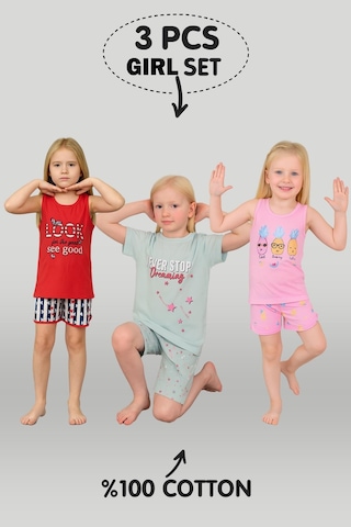 Kız Çocuk 3'lü %100 Pamuklu 1-2-3 Yaş Pijama Takımı Model:129 Çok Renkli