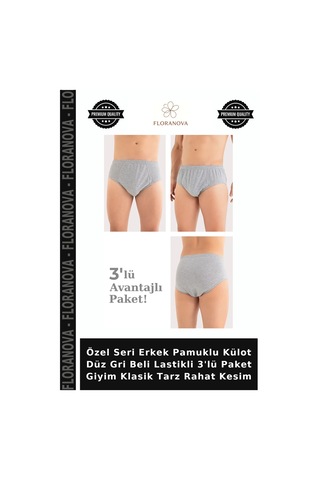 Floranova Özel Seri Erkek Pamuklu Külot Düz Gri Beli Lastikli 3'lü Paket Giyim Klasik Tarz Rahat Kesim Gri-3