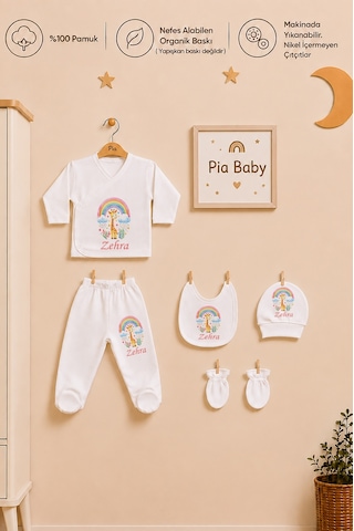 Pia Baby Yenidoğan Kız Bebek İsme Özel 7 Parça Hastane Çıkışı Zıbın Seti %100 Pamuk Kıyafet Keseli Bebek Hediye Takımı 1115yzk3x Ekru