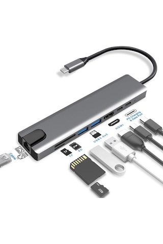 Grc Accessory 8 in 1 4K Type C USB 3.0 Hub HDMI RJ45 SDTF Adaptörü