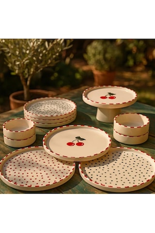 11 Parça 6 Kişilik Cherry Stackable Kahvaltı Takımı - Kirazlı Kahvaltılık Sunum Tabağı,kırmızı Yeşil Diğer