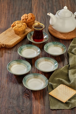 Cooker 6'lı Desenli Porselen Çay Tabağı Yeşil