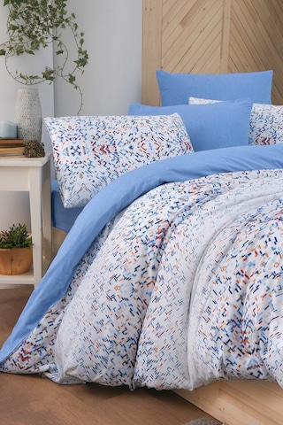 Mystory Home Lastikli Çarşaflı Çift Kişilik Nevresim Takımı Bluem Mavi