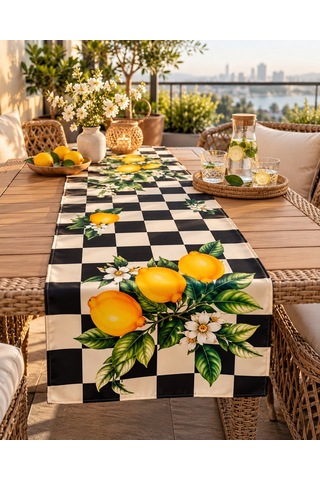 Siyah Beyaz Damalı Limon Desenli 45x140cm Masa Runnerı Çok Renkli