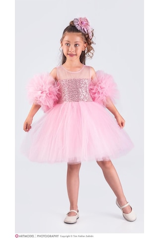 Ponpon Tak Çıkarlı Kız Çocuk 4 Parça Elbise - 3/10 Yaş - 31535 Pembe