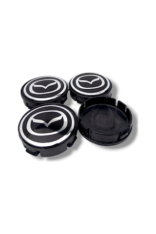 Mazda Logolu 58mm Dış 55mm İç Siyah Gümüş Geçmeli Jant Göbeği Kapak Seti, 4 Adet Krom Görünümlü