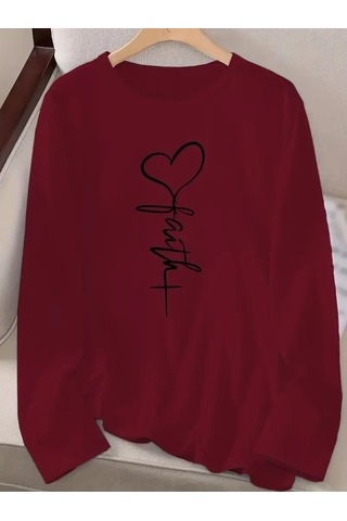 Kadın Uzun Kollu Bisiklet Yaka Faith Baskılı Viskon Bluz Bordo