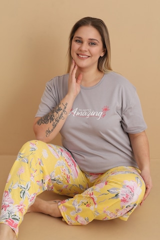 Wordex Mirano 4500 Kısa Kollu Çiçekli Süprem Kumaş Büyük Beden Kadın Pijama Takımı Gri