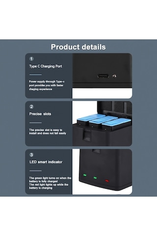Trendooze Geeksen 3 Adet 1800mah Pil + 3 Yuvalı Pil Şarj Cihazı Usb Portu İle Gopro Hero 12/11/10/ Kamera Şarj Cihazı Vj