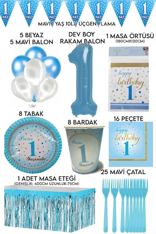 8 Kişilik Mavi Rakam Ve Beyaz Balonlu 1 Yaş Erkek Doğum Günü Partisi Seti Tabak,bardak,peçete Vs