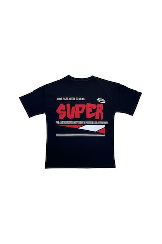 Çocuk Super Yazılı Pamuklu Oversize T-shirt-16016 SIYAH