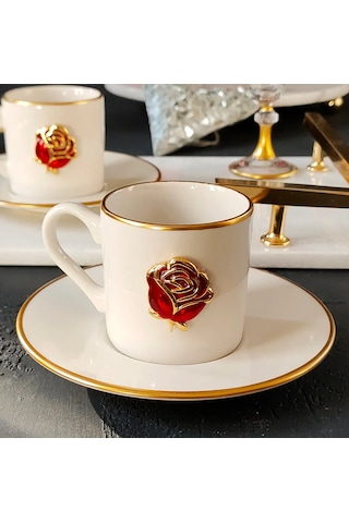 Love Roses 4 Parça 2 Kişilik Yaldızlı Porselen Kahve Fincan Takım