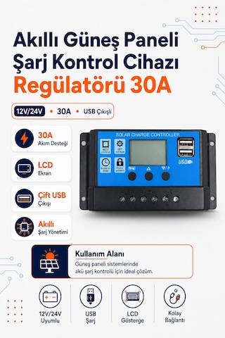 Akıllı Güneş Paneli Şarj Kontrol Cihazı Regülatörü 30a