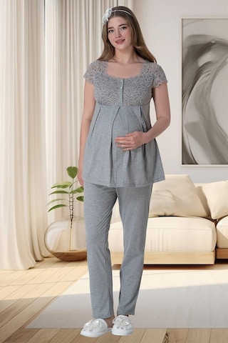 Mecit Pijama Mecit 6003 Bayan Hamile Lohusa Gri Sabahlıklı Pijama Takımı 001