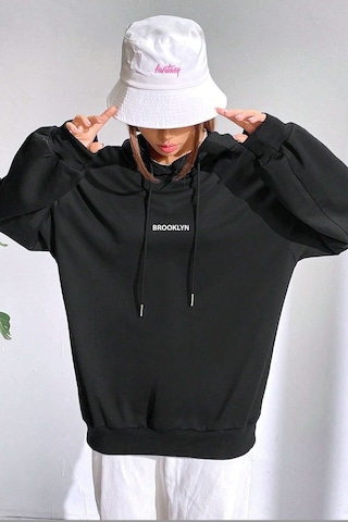 Unisex Oversize Brooklyn Baskılı Sweatshirt Siyah