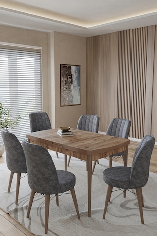 Toce Home Kuf Serisi 80x130 Açılabilir Masa Yemek Odası Takımı, Mutfak Takımı 6 Adet Sandalye Gri