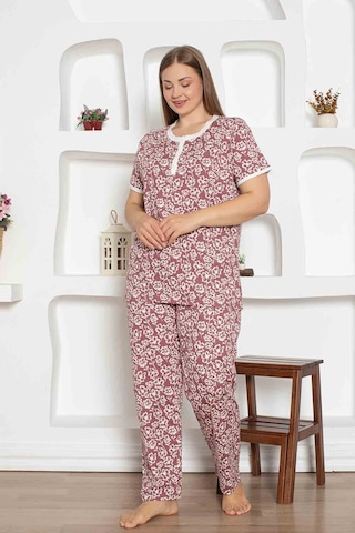 Kadın Çiçek Desen Bisiklet Yaka 3 Düğmeli %100 Pamuk Penye İnce Yazlık Kısa Kol Pijama Takımı Mürdüm