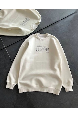 Mbb E-ticaret Kadın 3 İplik Pamuklu Bisiklet Yaka Baskılı Sweatshirt - Beyaz