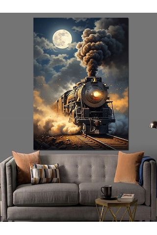 Ahşap Tablo Gece Vakti Işıldayan Eski Buharlı Tren