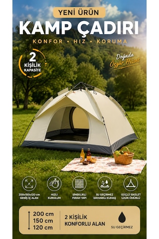 Çadır Tam Otomatik Kamp Çadırı 2 Kişilik 200x150 Cm 3 Saniyede Kurulum Su Geçirmez Geniş Çadır Outdoor Bej