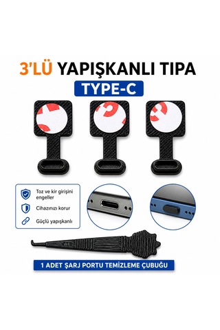 Type-c Yapışkanlı Toz Koruma Tıpası 3 Lü Set Şarj Girişi Koruyucu Premium