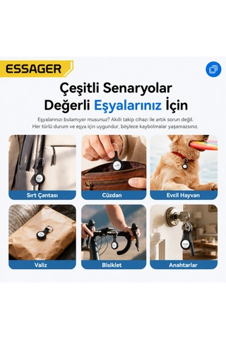 Essager 5'li Akıllı Takip Cihazı Apple Find My Uyumlu Konum Takip Ve Kayıp Eşya Bulucu Smarttag Anahtarlık