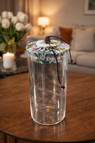 Makri Home 800 Ml Borosilikat Cam Hava Geçirmez Beyaz Kumaş Kaplama Bambu Kapaklı Kavanoz, Çap: 8 Cm, H: 21 Cm Beyaz